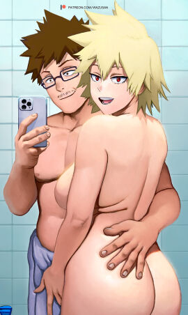 1boy 1girls ass bathroom big_ass big_breasts blonde_hair boku_no_hero_academia breasts canon_couple clothed_male_nude_female female hand_on_ass hand_on_butt hand_on_hip holding_partner husband_and_wife looking_back male married_couple masaru_bakugou milf mitsuki_bakugou my_hero_academia naked nude nude_female red_eyes selfie short_hair sideboob wazu-san wholesome