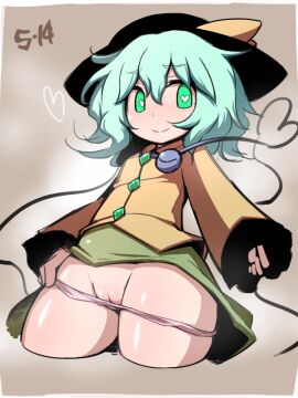 black_hat blush bow brown_background buttons closed_mouth clothes_lift collared_shirt commentary_request cowboy_shot dated diamond_button eyeball female flat_chest green_eyes green_hair green_skirt hair_between_eyes hakika hat hat_bow heart heart-shaped_pupils heart_of_string koishi_day koishi_komeiji komeiji_koishi lifting_own_clothes long_sleeves looking_at_viewer medium_bangs medium_hair panties pink_panties pussy shiny_skin shirt skirt skirt_lift smile solo symbol-shaped_pupils touhou uncensored underwear wavy_hair yellow_bow yellow_shirt