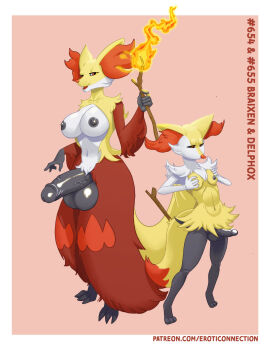 anthro braixen breasts canid canine delphox duo eroticonnection etan fire fox fur futanari game_freak generation_6_pokemon genitals herm hi_res humanoid intersex mammal nintendo penis pokemon pokemon_(species) red_eyes stick vein veiny_penis yellow_body yellow_fur