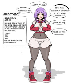 ass big_ass big_breasts big_butt big_thighs body_hair breasts comic comic_page female oc offering offering_sex offering_to_viewer original original_character pose purple_hair rolyn roothicc shorts text text_box text_bubble thong yellow_eyes