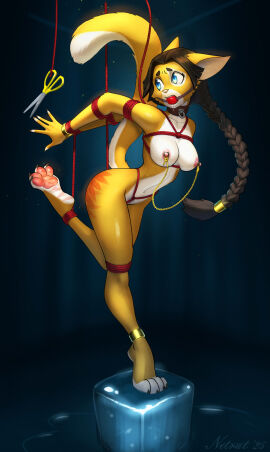 absurd_res anklet anthro areola ass ball_gag bodily_fluids bondage bound breasts chains clamp digital_media_(artwork) domestic_cat drooling feet felid feline felis female fingers fur gag gagged hair hi_res ice ice_cube jewelry mammal nipples nitrat nude on_one_leg pawpads ponytail restraints rope rope_bondage rope_harness saliva scissors simple_background solo spank_marks spanked_butt standing submissive submissive_anthro submissive_female tail teeth toes