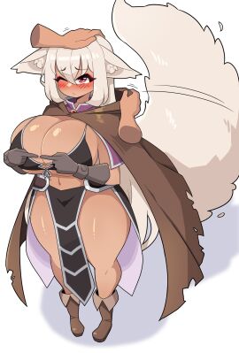 1girls big_breasts big_tail blush breasts cloak clothing commission disembodied_hands female female_only fidgeting fox_ears fox_girl fox_tail furry_tail head_pat hi_res hooded_cloak j5daigada loincloth long_hair one_eye_closed red_eyes solo tail thick_thighs white_background white_hair