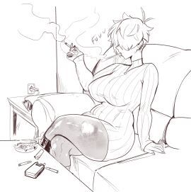 1girls aunt aunt_hellen_(insouwu) big_breasts blowing_smoke boobs boots breasts cigarette cigarette_smoke collar couch earring earrings female female_focus female_only hair_between_eyes hair_covering_eyes holding holding_cigarette holding_object insouwu legs legs_crossed messy_hair milf nipples_visible_through_clothing oc original_character phone pose short_hair sketch sweater text text_bubble thick thick_hips thick_thighs thigh_highs thighhighs thighs