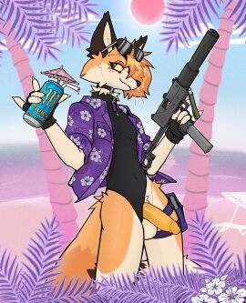 absurd_res anthro balls beach beverage canid canine clothing clothing_aside eyewear fingerless_gloves firearm floral_shirt fox genitals gloves gun handgun handwear hi_res mac-10 male mammal onesie penis ranged_weapon roonefox solo standing submachine_gun sunglasses suppressor thigh_holster weapon