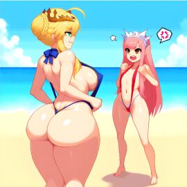 2girls ahoge artoria_pendragon artoria_pendragon_(lancer) ass ass_focus beach big_breasts blonde_hair breasts crown duo fate/grand_order fate_(series) female female_only huge_ass light-skinned_female light_skin medb_(fate) multiple_females multiple_girls pink_hair ribbon sling_bikini slingshot_swimsuit smug_smile swimsuit thick_thighs voluptuous
