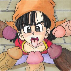 1girls 5boys aged_up black-eyed_female black_eyes black_hair brownpidgeon dark-skinned_male dark_skin dragon_ball dragon_ball_gt eyelashes female interracial kneeling light-skinned_female light-skinned_male light_skin male multiple_boys multiple_males multiple_penises pan_(dragon_ball) penis tongue tongue_out