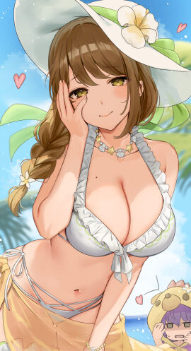 2girls absurdres alternate_costume beach bernadetta_von_varley bernadetta_von_varley_(summer) bikini blue_sky braid breasts brown_hair cleavage closed_mouth commentary_request day female female_only fire_emblem fire_emblem:_three_houses fire_emblem_engage fire_emblem_heroes flower goldmary_(fire_emblem) hand_on_own_face haru_(nakajou-28) hat heart highres hood hood_up large_breasts long_hair looking_at_viewer mole mole_on_breast multiple_females multiple_girls navel nintendo ocean official_alternate_costume outdoors sarong short_hair sky smile solo_focus stomach sun_hat swimsuit white_bikini white_flower white_hat white_swimsuit yellow_sarong