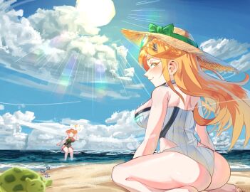 2girls ass ass_focus background_character bare_shoulders beautiful_background big_ass big_breasts big_butt black_swimsuit blonde_hair blush blush_lines boobs_and_butt_pose breasts busty cloud clouds curvaceous curvy curvy_female curvy_figure day daytime dedhed_art detailed_background fat_ass female female_focus female_only happy hat headwear hearts_around_head hi_res high_resolution highres large_ass large_breasts light-skinned_female light_skin long_hair looking_back monolith_soft mythra nintendo ocean one-piece_swimsuit outdoors outside pyra red_hair sand sideboob sitting sitting_on_ground sitting_on_sand smile smiling sun sunhat swimsuit swimwear tagme thick_thighs thighs tiara voluptuous voluptuous_female water white_swimsuit white_swimwear xenoblade_(series) xenoblade_chronicles_(series) xenoblade_chronicles_2 yellow_eyes