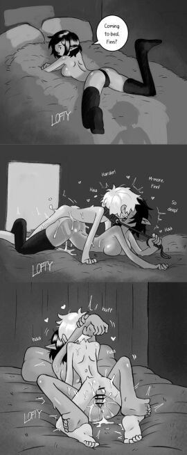 1boy 1girls 2d adventure_time age_difference ass bed black_and_white black_hair black_panties black_stockings black_thighhighs breasts censored collar completely_nude covered_nipples cum cum_in_pussy cum_inside female finn_the_human heart kissing legs_up lofty_(artist) male male/female male_on_top marceline missionary_position moaning monochrome multiple_positions nude older_female older_female_and_younger_male on_bed passionate pussy sex sex_from_behind stockings straight sweat thighhighs topless vagina vaginal_penetration vaginal_sex younger_male younger_penetrating_older