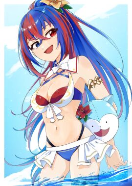 1girls alear_(female)_(seaside_dragon)_(fire_emblem) alear_(fire_emblem) alear_(fire_emblem)_(female) alternate_costume alternate_hairstyle ball_(object) bikini blue_bikini blue_eyes blue_hair blue_sky blue_swimsuit breasts cleavage cloud cloudy_sky criss-cross_halter crossed_bangs female female_only fire_emblem fire_emblem_engage fire_emblem_heroes flower front-tie_bikini_top front-tie_top gold_armlet gold_thighlet hair_between_eyes hair_flower hair_ornament halterneck heterochromia high_ponytail highres holding holding_ball long_hair looking_to_the_side medium_breasts multicolored_bikini multicolored_clothes multicolored_hair multicolored_swimsuit navel nintendo nishi_gori_kun ocean official_alternate_costume official_alternate_hairstyle open_mouth outdoors ponytail red_bikini red_eyes red_flower red_hair red_swimsuit sky smile sommie_(fire_emblem) split-color_hair swimsuit two-tone_hair water white_bikini white_swimsuit yellow_flower