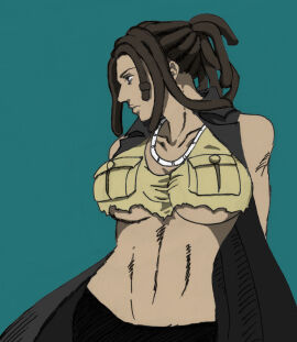 1girls 2024 2d 2d_(artwork) big_breasts blue_background breasts clothed clothed_female coat dreds duster fallout fallout_new_vegas female female_only human human_only jacket large_breasts long_hair looking_away looking_to_the_side mahado midriff necklace no_artist_signature olive-skinned_female olive_skin questionable ripped_clothing rule_63 sleeveless solo solo_female teal_background ulysses_(fallout) underboob upper_body