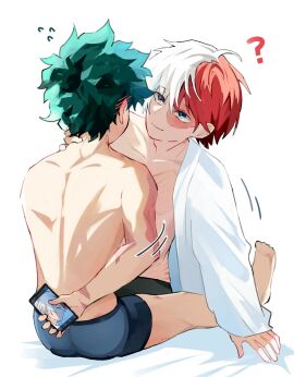 2boys ? abs ass back bare_back barefoot bite_mark blue_eyes blush boku_no_hero_academia bones_(company) burn_scar cellphone cellphone_photo curly_hair embarrassed feet green_eyes grey_eyes hickey_marks izuku_midoriya legs male messy_hair midoriya_izuku my_hero_academia nervous pectorals red_hair scar scar_on_arm scar_on_hand scratches shirt short_hair shounen_jump shouto_todoroki sleeping smile sweatdrop todoroki_shouto two-tone_hair underwear underwear_only white_hair xtdk8zu yaoi