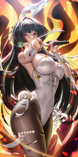 1girls 2d alternate_costume animal_ear_hairband animal_ears artist_name artist_signature astra_yao big_breasts black_hair bracelet breasts brown_pantyhose bunnysuit earrings fake_animal_ears female female_only fire glint hair_intakes hairband highres holding holding_microphone jacket jewelry large_breasts leotard liang_xing long_hair looking_at_viewer microphone mole mole_under_eye outstretched_arm pantyhose playboy_bunny playboy_bunny_leotard pointing pointing_at_viewer rabbit_ear_hairband rabbit_ears rabbit_tail red_eyes sideboob signature skindentation solo tail thigh_strap thighs white_hairband white_leotard wrist_cuffs zenless_zone_zero