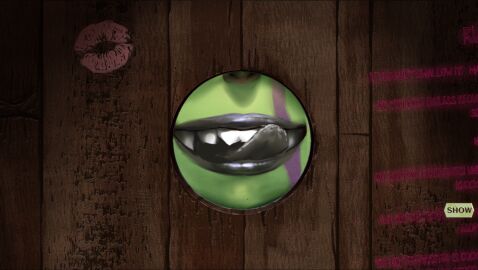 futanari glory_hole goblin goblin_futa intersex licking_lips lipstick lipstick_mark majalis open_mouth selkie_(tales_of_androgyny) sharp_teeth smile smiling_at_viewer tales_of_androgyny tongue writing_on_wall