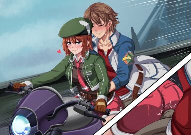 1boy 1girls ass blush brown_hair bulge eiyuu_densetsu female gloves green_hat green_jacket grinding grinding_through_clothes hat holding_waist jacket lloyd_bannings male motorcycle necktie noel_seeker orcaomega pink_shorts red_hair riding_motorcycle rubbing shorts smile smug sweat the_legend_of_heroes
