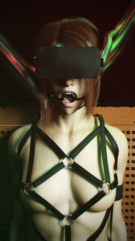 1girls 3d bondage bondage_harness brainwashing female gag gagged open_mouth open_mouth_gag original red_hair ultimate-clash upper_body vr_headset