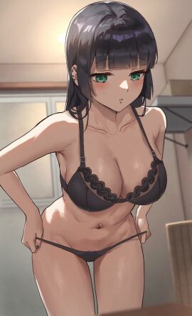 anteiru anteiru3939 barbell_piercing black_bra black_hair black_nails black_panties blunt_bangs blush bocchi_the_rock! bra breasts cleavage collarbone commentary_request cowboy_shot ear_piercing female green_eyes highres hime_cut indoors industrial_piercing labret_piercing large_breasts leaning_forward lip_piercing long_hair medium_bangs navel navel_piercing pa-san panties parted_lips partial_commentary piercing solo standing stomach straight_hair thighs underwear underwear_only undressing