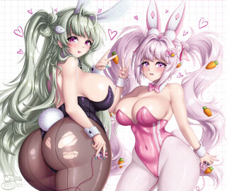 2girls alice_(nikke) alice_(wonderland_bunny)_(nikke) ass big_ass big_breasts breasts bunny_ears bunny_girl bunnysuit female goddess_of_victory:_nikke green_hair huge_ass huge_breasts large_breasts light-skinned_female light_skin long_hair looking_at_viewer looking_back pink_eyes pink_hair purple_eyes sevie smile soda_(nikke) soda_(twinkling_bunny)_(nikke) thick_thighs twintails voluptuous voluptuous_female