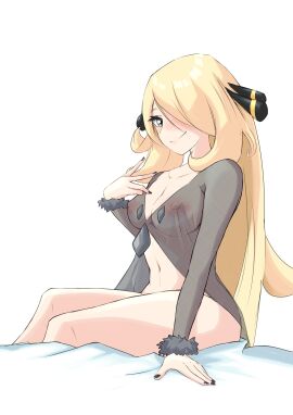 1girls absurd_res bedsheets blonde_hair blush bottomless breasts creatures_(company) cynthia_(pokemon) female game_freak grey_eyes hair_ornament hair_over_one_eye hi_res long_hair looking_at_viewer medium_breasts navel nintendo nipples painted_nails pet_of_lilith pokemon pokemon_champion pokemon_dppt see-through see-through_clothing simple_background sitting smile solo variant_set very_long_hair white_background