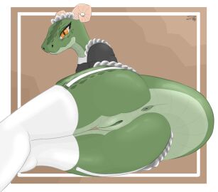 anthro anus argonian ass bethesda_softworks clothed clothing female genitals green_body hi_res horn lifts-her-tail looking_at_viewer lusty_argonian_maid lying maid_uniform no_underwear on_side orange_eyes pussy scalie simple_background skyrim solo tail tail_asshole the_elder_scrolls uniform zakoruchka