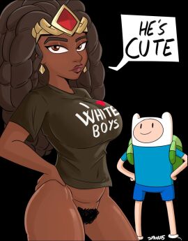 1boy 1girls adventure_time backpack big_breasts black_background black_hair black_shirt bottomless braid braided_hair breasts brown_eyes cartoon_network clothed_male_partially_nude_female crossover crown dark-skinned_female dark_skin dc dc_comics earrings english_text female finn_the_human fully_clothed fully_clothed_male gem hairy_pussy hand_on_hip headwear heart hourglass_figure jewelry large_breasts light-skinned_male light_skin long_hair looking_at_viewer male multiversus navel navel_visible_through_clothes nubia partially_clothed pubic_hair pussy raceplay shirt smile spakka5 speech_bubble standing thick_thighs warner_brothers watermark