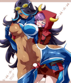 2girls big_breasts black_hair blue_eyeshadow blush breasts commission courtney_(pokemon) courtney_(pokemon_oras) dark-skinned_female dark_skin eyeshadow female femdom fingering game_freak gloves grabbing_another's_breast grabbing_from_behind groping hood horned_hood horns lipstick long_hair mochimako_(mushikera_hoi2) multicolored_hair multiple_females multiple_girls nintendo nipples one_breast_out partially_clothed pokemon pokemon_oras purple_eyes purple_hair red_gloves red_lipstick shelly_(pokemon) shelly_(pokemon_oras) skeb_commission streaked_hair team_aqua team_magma yuri
