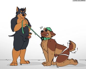 2025 anthro arm_tuft ass backwards_baseball_cap backwards_hat balls baseball_cap belly_hair bodily_fluids body_hair bondage bulge canid canine canis chest_tuft closed_eyes clothing collar domestic_dog dominant dripping duo elbow_tuft erection erection_under_clothing erection_under_jockstrap feet gay gay_male genital_fluids genitals grin hand_on_hip hat headgear headwear hi_res jockstrap leash leash_pull looking_at_another looking_at_partner male male/male mammal masculine_male neck_tuft nervous_smile nude only_male pecs penis petplay precum precum_drip puppyplay quejumbrosoalex roleplay simple_background slightly_chubby smile submissive tail tail_motion tailwag tuft underwear yaoi