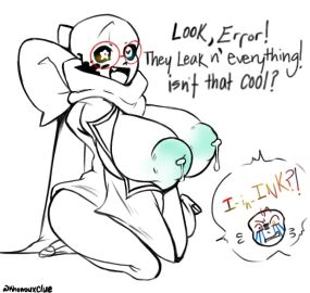 1boy 1girls 2d arms_under_breasts big_areola big_breasts black_and_white breasts character_off_screen ectobody english_text error_sans error_sans_(fan_character) excited fan_character female female_sans glasses glowing_eyes humanoid ink_sans ink_sans_(fan_character) khorroux lactating lactation leaking_milk leaking_nipples male milk rule_63 sans sans_au sanscest scarf shocked shocked_expression sitting_on_floor skeleton talking text undertale undertale_(series) undertale_au