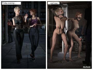 2girls 3d arms_behind_back ball_gag before_and_after blonde_hair bondage bound bound_wrists completely_nude female gag gagged nude nude_female original red_hair short_hair shytimide