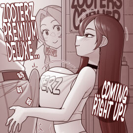 1boy 2girls aerith_gainsborough breasts bulge choker crop_top earrings ekz ekz_(robotekz) english_text female final_fantasy final_fantasy_vii from_side greyscale hooters imminent_paizuri jewelry large_breasts male monochrome multiple_females multiple_girls pants peeping speech_bubble straight tifa_lockhart