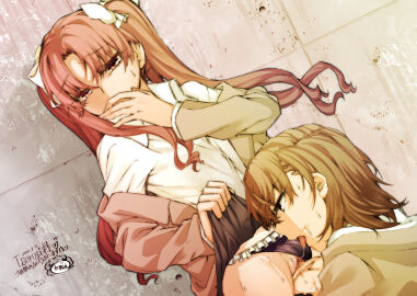 2girls absurdres blush bow brown_eyes brown_hair censored clothes_lift clothing_aside collared_shirt cunnilingus dated dress_shirt female fingering hair_ornament hair_ribbon hand_to_own_mouth higashizukihi_sei highres jacket lace-trimmed_panties lace_trim long_hair long_sleeves lying medium_hair misaka_mikoto mosaic_censoring multiple_females multiple_girls off-shoulder_jacket off_shoulder on_back open_clothes oral panties panties_aside pussy pussy_juice ribbon school_uniform shirai_kuroko shirt sidelocks signature skirt skirt_lift sweat tears teenage_female teenager to_aru_kagaku_no_railgun to_aru_majutsu_no_index tokiwadai_school_uniform twintails two_side_up underwear very_long_hair white_shirt young yuri