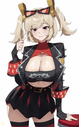 1girls absurdres belt black_gloves black_jacket black_skirt breasts burnice_white cleavage eyewear_on_head fingerless_gloves giyeodeo gloves highres jacket large_breasts looking_at_viewer open_clothes open_jacket red_eyes simple_background skirt solo sunglasses thighhighs twintails white_background zenless_zone_zero