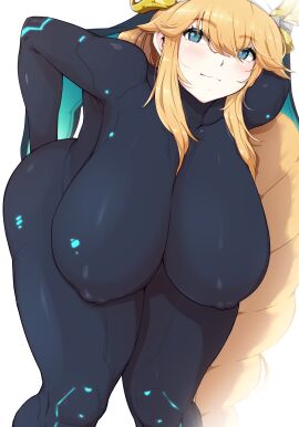 1girls black_bodysuit blonde_hair blue_hair bodysuit braid breasts covered_nipples eyebrows_visible_through_hair female glowing goddess_of_victory:_nikke hanging_breasts headwear hi_res huge_breasts looking_at_viewer muhyowo nun rapunzel_(nikke) simple_background solo solo_female veil very_long_hair voluptuous white_background