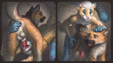 absurd_res anal anal_fingering anal_sex animal_genitalia animal_penis anthro anthro_on_feral anthro_penetrating anthro_penetrating_feral anus ass balls blue_eyes bodily_fluids canid canine canine_genitalia canine_penis canis cheetah clothing digital_media_(artwork) digital_painting_(artwork) domestic_dog duo erection felid feline feral feral_penetrated fingering fur genital_fluids genitals german_shepherd hair herding_dog hi_res inner_ear_fluff leaking_precum legwear licking male male/male male_penetrated male_penetrating male_penetrating_male mammal markings oral painting_(artwork) pastoral_dog penetration penile penis penis_lick precum sex shaded simple_background smile stockings tail tailbyte taily_(tailbyte) tongue tongue_out tuft zoophilia
