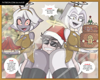 adam_(hazbin_hotel) angel ass big_ass blush breasts brown_hair clothed clothing detailed_background dialogue doc.b english_text female glasses grey_body hair halo hazbin_hotel lute_(hazbin_hotel) male open_mouth open_smile partially_clothed pleasure_face simple_background smile speech_bubble standing sweat teeth text thick_thighs vaggie_(hazbin_hotel) white_hair