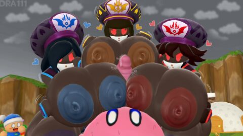 1boy 2023 3d 3girls anger_vein big_breasts black_body black_hair breasts colored_nipples dra111_(artist) dragon316 female flamberge_(kirby) francisca_(kirby) hat heart huge_breasts kirby kirby_(series) kirby_star_allies large_breasts large_penis male nintendo nipples paizuri penis pink_body precum red_eyes the_three_mage_sisters triple_paizuri zan_partizanne