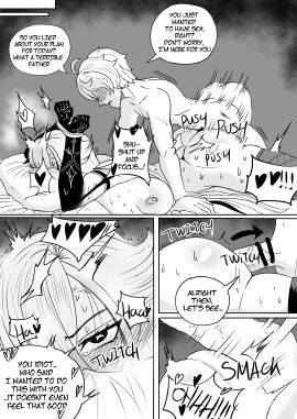 1boy 1girls aether_(genshin_impact) arlecchino_(genshin_impact) ass big_breasts breasts censored dialogue drawing english_text fat_ass female from_behind from_behind_position genshin_impact horny_female long_hair male maledom mihoyo nwoidn text thick_thighs