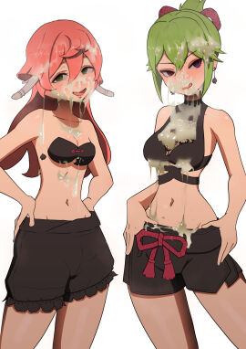 2girls :d after_sex alternate_breast_size breasts bukkake clothed clothing color cum cum_dripping_from_mouth cum_in_mouth cum_on_body cum_on_breasts cum_on_face dark-skinned_male dark_skin earrings excessive_cum facial female genshin_impact green_eyes green_hair henzu-zu hi_res highres horn hoyoverse implied_sex inazuma_girls kuki_shinobu light-skinned_female light_skin lips liyue_girls looking_at_viewer male medium_breasts mihoyo naughty_face pink_hair purple_eyes qos qos_tattoo queen_of_spades queen_of_spades_symbol queen_of_spades_tattoo sex_slave skinny small_breasts smug standing thick_legs thick_thighs thighs yanfei_(genshin_impact)