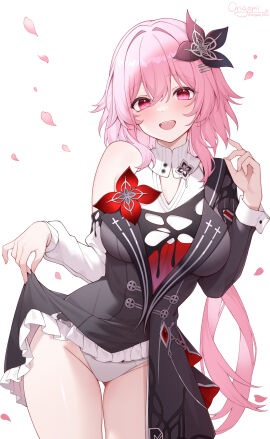 1girls evernight_(honkai:_star_rail) female honkai:_star_rail honkai_(series) hoyoverse march_7th_(honkai:_star_rail) mihoyo origami0703 panties pink_hair red_eyes skirt_lift underwear white_underwear