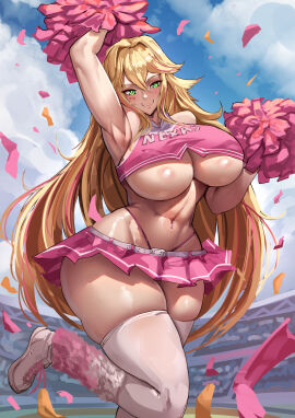 1girls belly_button blonde_hair blush breasts cheerleader cheerleader_uniform clothed clothing female female_only green_eyes huge_breasts indie_virtual_youtuber light-skinned_female light_skin lulu_lasso manob0028 outdoors pom_pom_(cheerleading) public skindentation skirt sky smile solo stadium virtual_youtuber