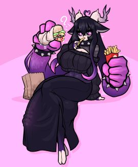 1futa ? adoptable alcina_(limebreaker) anthro balls barefoot big_balls big_breasts big_penis black_hair black_sclera bracelet breasts bulge burger cleavage clothed clothing collar eating fishnets food fries futa_only futanari genitals gigantic_penis hair_arms half-erect hi_res highres holding_object horns huge_balls huge_cock intersex large_balls large_breasts large_penis limebreaker long_hair long_penis mostly_clothed original original_character penis penis_outline penis_to_the_ankles penis_to_the_knees penis_under_clothes penis_visible_through_clothing pink_background prehensile_hair purple_eyes purple_hair question_mark see-through see-through_clothing simple_background sitting solo spiked_bracelet spiked_collar sweater testicles thick_thighs two-tone_hair wide_hips
