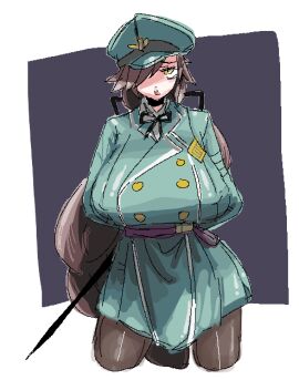 1girls :o baton black_hair bow braid breasts breasts_bigger_than_head female first_porn_of_character hair_over_one_eye hat huge_breasts leebongchun lips military military_hat ribbon sequel_(series) sequel_blight stockings tillema_riema_(sequel_blight) uniform very_long_hair yellow_eyes