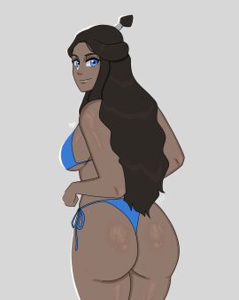 1girls aged_up artist_signature ass ass_length_hair avatar_the_last_airbender big_ass big_breasts bikini blue_bikini blue_eyes blush breasts brown_hair bubble_ass bubble_butt caked_up cheesecake clothed_female dark-skinned_female dark_skin female half_updo katara long_hair looking_at_viewer looking_back_at_viewer medium_breasts mutty nickelodeon pinup plump_lips presenting_ass rear_view shiny_skin simple_background smile smiling_at_viewer solo solo_female standing sweaty_body swimsuit thick_thighs thong thong_bikini topknot underboob water_tribe wavy_hair wet_skin young_adult