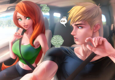 1boy 1girls belt belt_buckle big_breasts breasts canon_couple disney disney_channel female ginger ginger_hair green_eyes kim_possible kimberly_ann_possible light-skinned_female light-skinned_male light_skin long_hair looking_at_viewer male ron_stoppable sakimichan short_hair white_female white_male