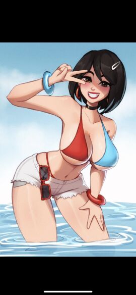 beach bikini bikini_top black_hair bracelet breasts brown_eyes choker cleavage evie_(fortnite) eyewear_removed female fortnite fortnite:_battle_royale hair_clip higher_resolution_available magaska19 red_lipstick shorts sunglasses sunglasses_removed water