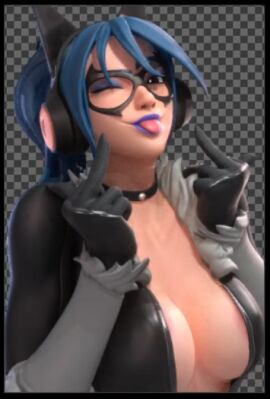 big_breasts black_body black_cat_(cosplay) blue_hair breasts cat_ears cosplay female fortnite fortnite:_battle_royale heroic_hope_(fortnite) hope_(fortnite) latex_suit low_cut_top marvel marvel_comics ponytail starinww tongue tongue_out