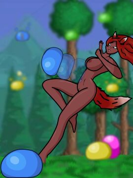 1girls animal_humanoid artist_request breasts female forest forest_background fox_ears fox_girl fox_tail fully_nude monster_girl naked naked_female nude nude_female slim slime slime_(terraria) terraria zoologist_(terraria)
