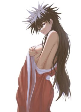 1girls bare_shoulders black_hair blue_eyes breasts brown_hair covering covering_breasts covering_privates eyelashes female fushiguro_megumi genderswap genderswap_(mtf) hair_between_eyes head_tilt japanese_clothes jujutsu_kaisen kimono large_breasts long_hair looking_to_the_side makababazi naked_kimono off_shoulder parted_lips pink_nails simple_background solo spiked_hair undressing very_long_hair white_background wide_sleeves