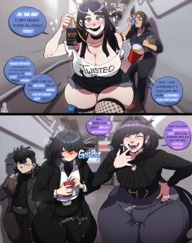 1_vip_fan_(blackwhiplash) ass black_hair blackwhiplash blue_eyes bottom_heavy bottom_heavy_femboy breasts choker clothing dean_(blackwhiplash) dialogue female femboy fishnets huge_ass huge_breasts human large_breasts lun_blanc_(blackwhiplash) male mitch_cruorem_(blackwhiplash) mullet oc original original_character original_characters revealing_clothes shorts skimpy talking text thighhighs turquoise_eyes wide_hips