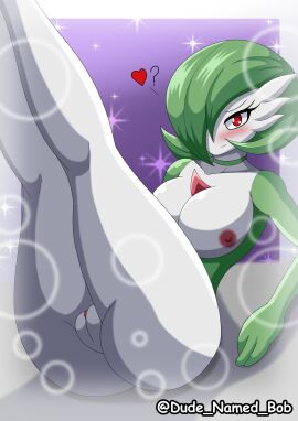 1girls ass blush breasts dude_named_bob female game_freak gardevoir green_hair hair_over_one_eye heart-shaped_pupils medium_breasts nintendo nipples pokemon pokemon_(species) pussy red_eyes short_hair solo solo_female thighs vagina